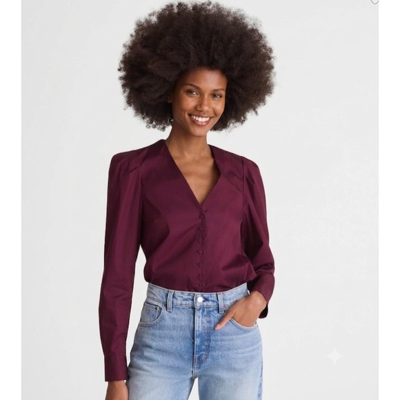 Madewell Tops - Madewell Top Womens XS V Neck Puff Sleeve Blouse Tie Cabernet Burgundy NY535
